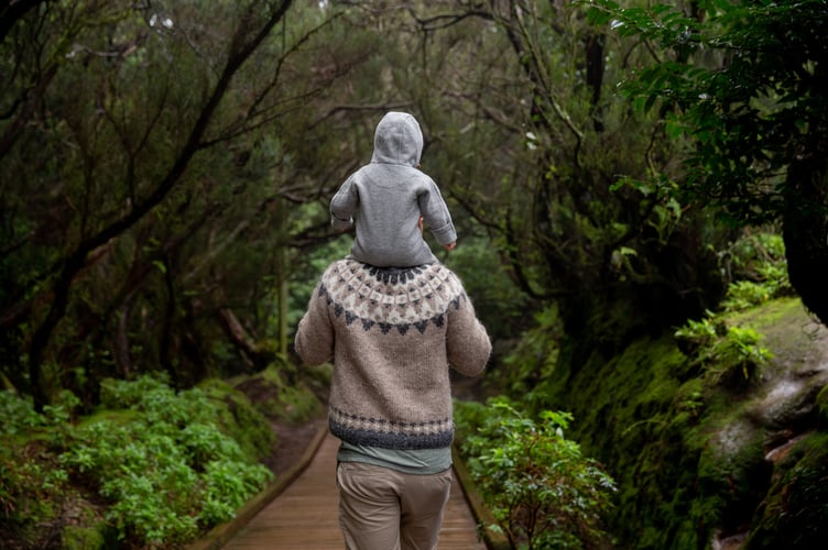 A stock photo of a man walking in the woods with a child on his shoulders.