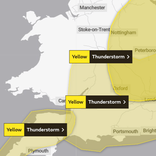 A map of Wales and West England with parts covered by yellow weather warnings