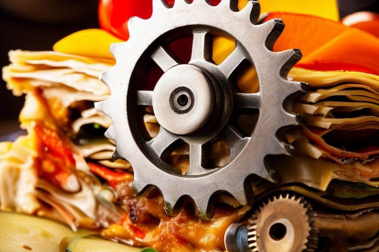 A vegetable lasagne with a cog sticking out of it