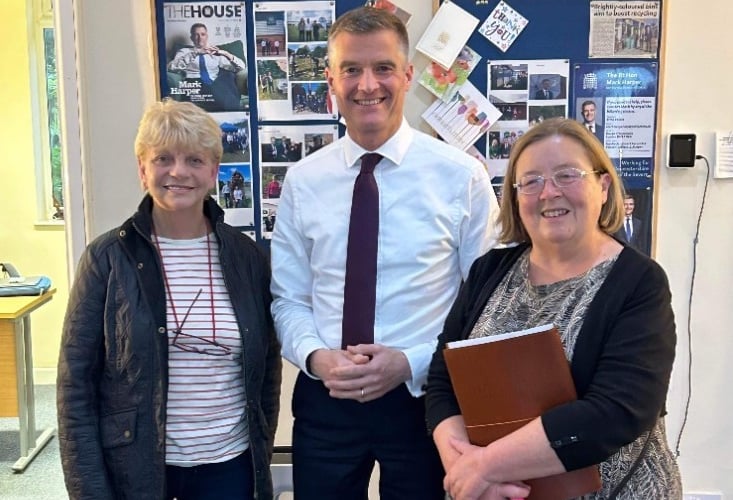 Former Newent Mayor Christine Howley (left), Forest MP Mark Harper and Future Newent campaigner Clare Stone