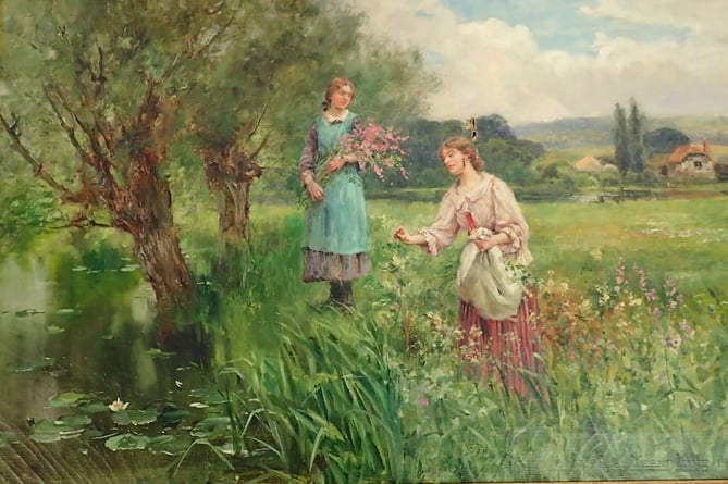 H J Yeend King - Oil Women Picking Flowers