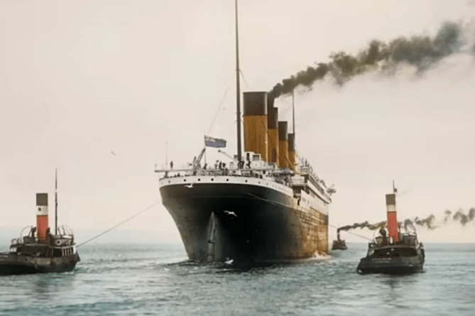 A colourised image of the Titanic steaming out to sea